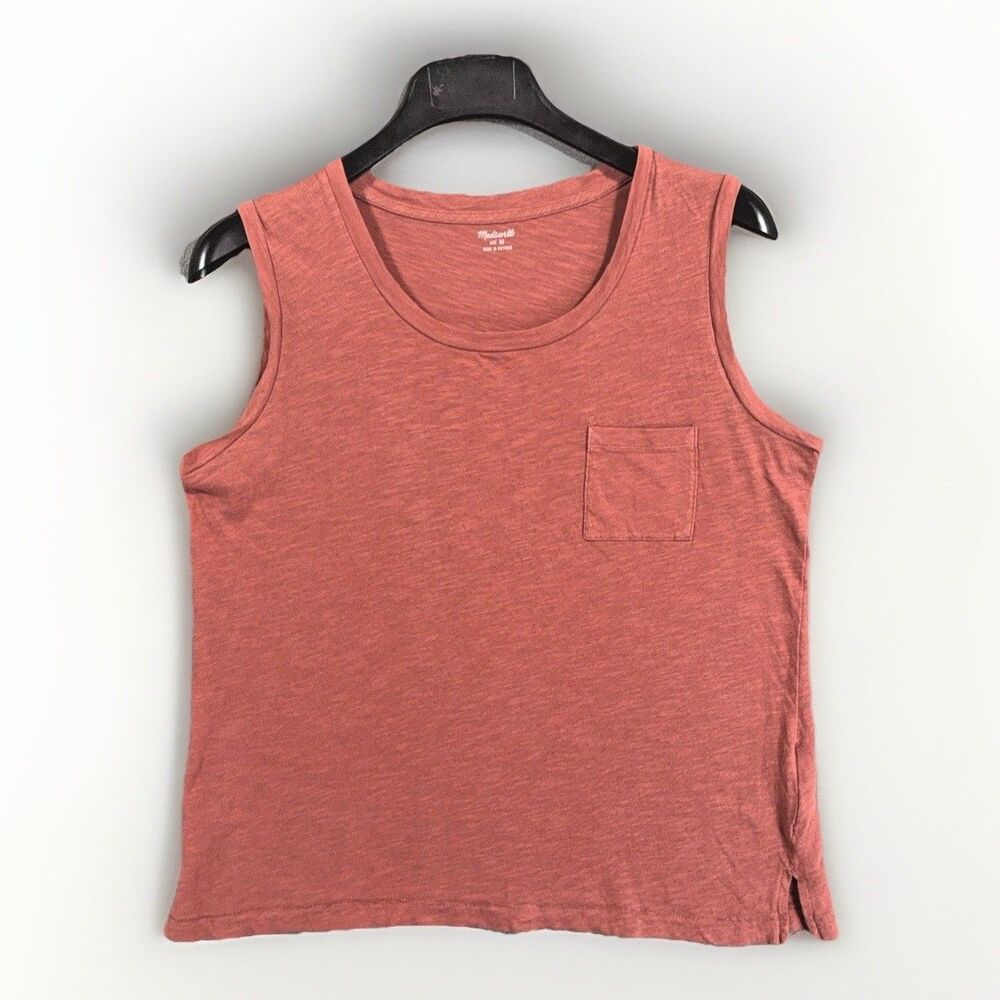 Madewell Tank Top Shirt Medium Pocket Slub Knit Side Slit Terracotta Red M